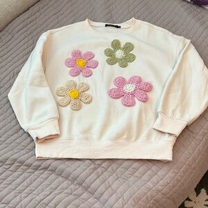Cream Floral Crochet Appliqué Sweatshirt - Women
